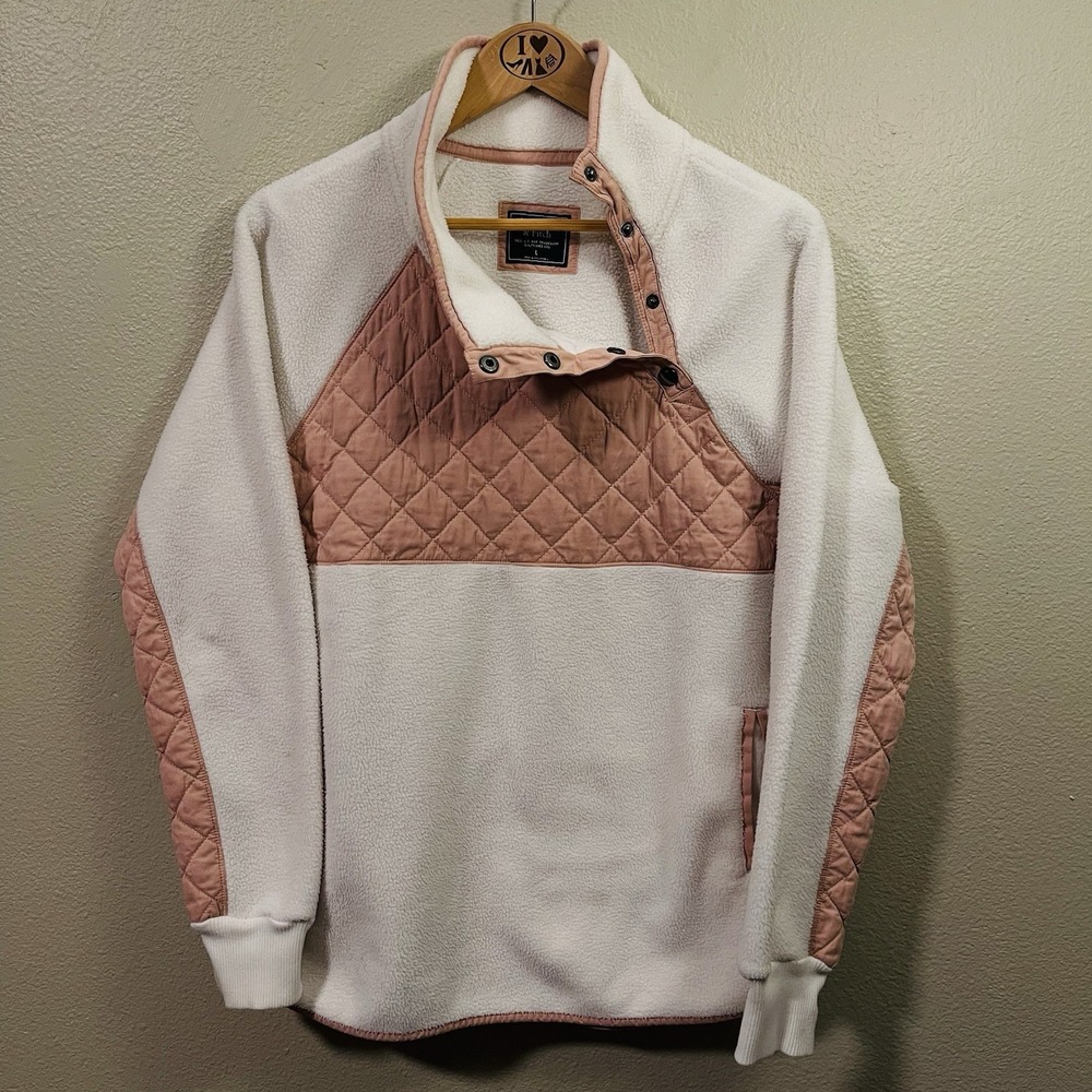 Abercrombie Fitch Asymmetrical Snap Up Fleece Quilted White Pink Cozy Y2K Sz L - Picture 2 of 6